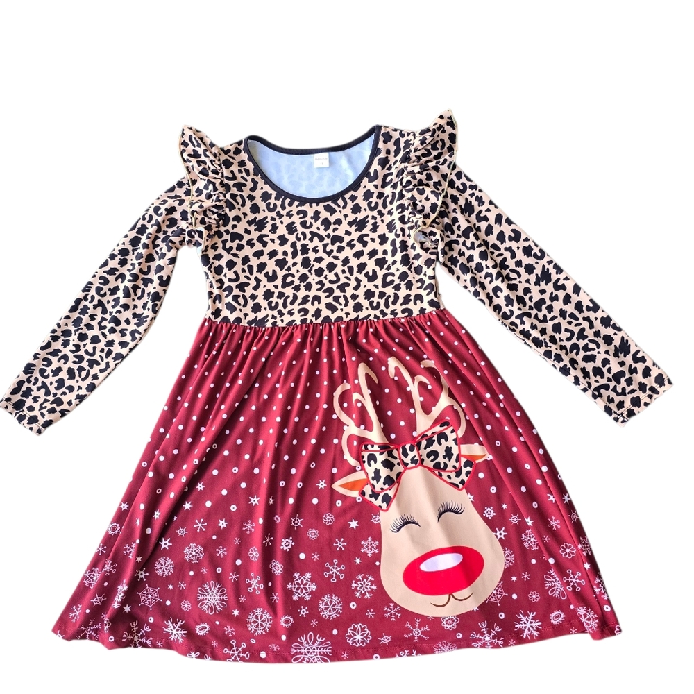Penelope Plumm Leopard and Maroon  Reindeer Dress Ruffle Long Sleeve Size 12
